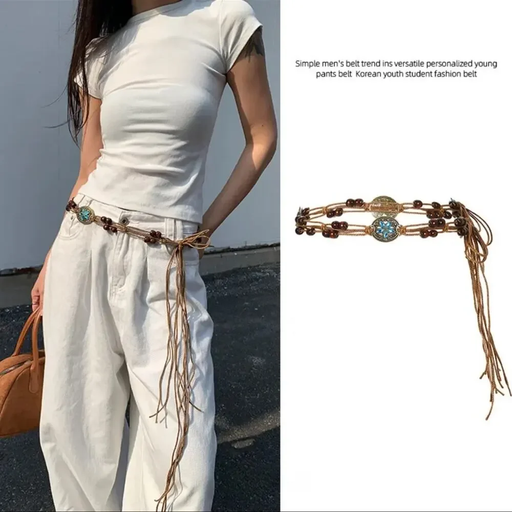 Boho Chic Wood Bead & Cord Tie Waist Belt